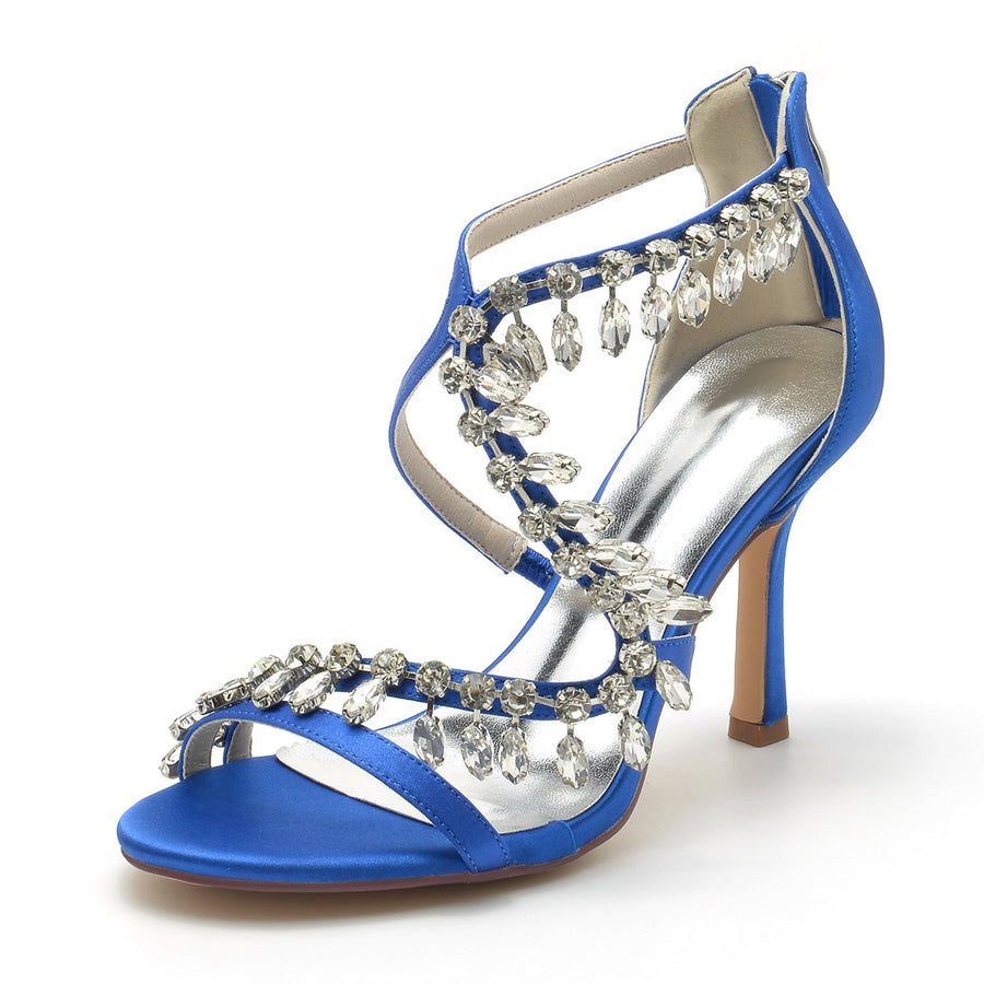 Damen Seidensatin mit Knöchelriemen Strass Quaste Peep Toe Stiletto Absatz Brautschuhe