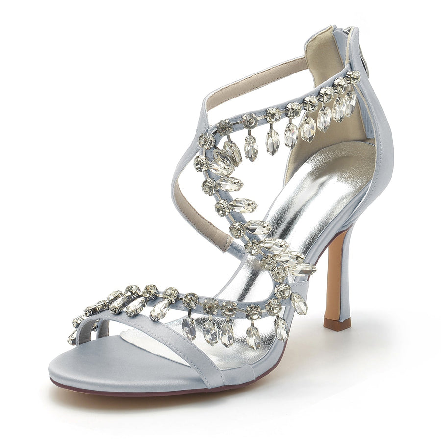 Damen Seidensatin mit Knöchelriemen Strass Quaste Peep Toe Stiletto Absatz Brautschuhe