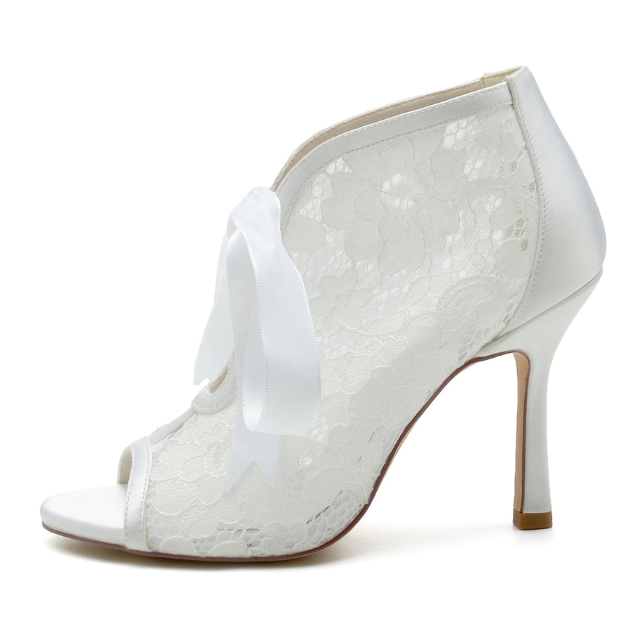 Damen Spitze Mit Spitze Schnürung Peep Toe Stiletto Heel Brautschuhe