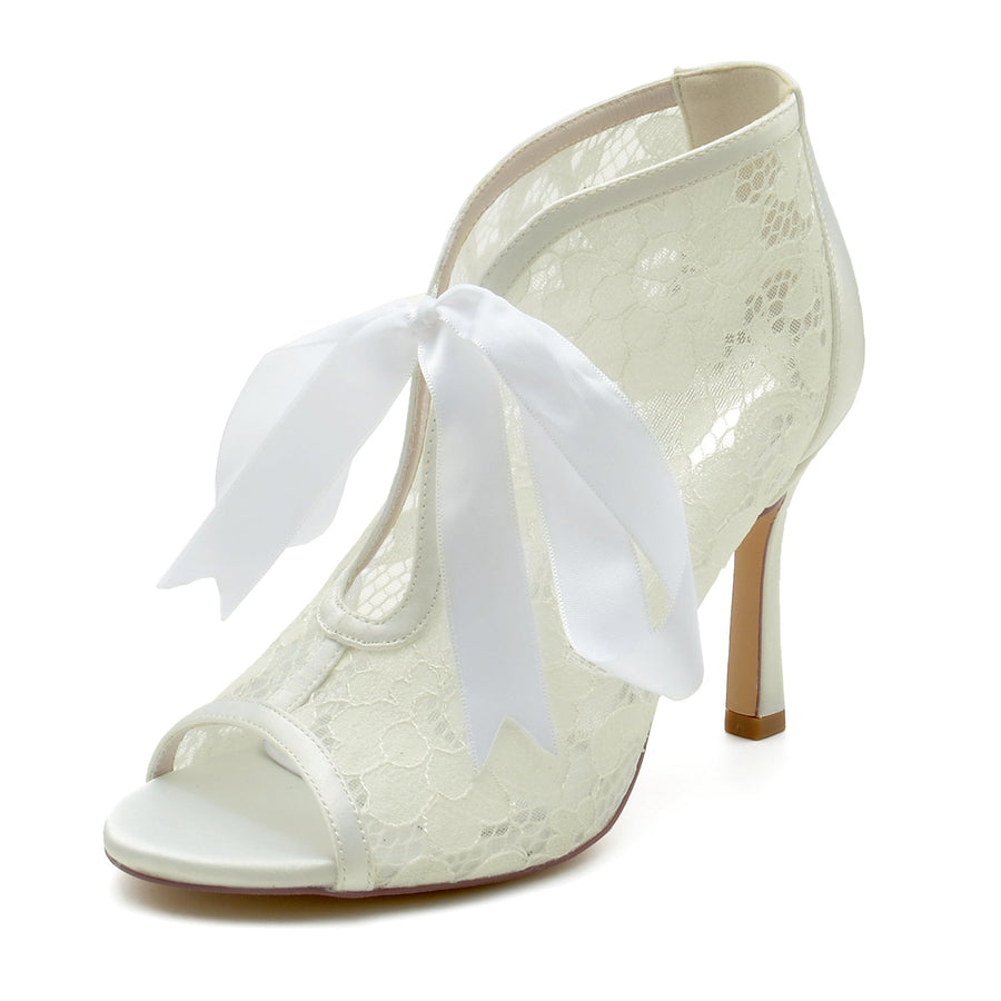 Damen Spitze Mit Spitze Schnürung Peep Toe Stiletto Heel Brautschuhe