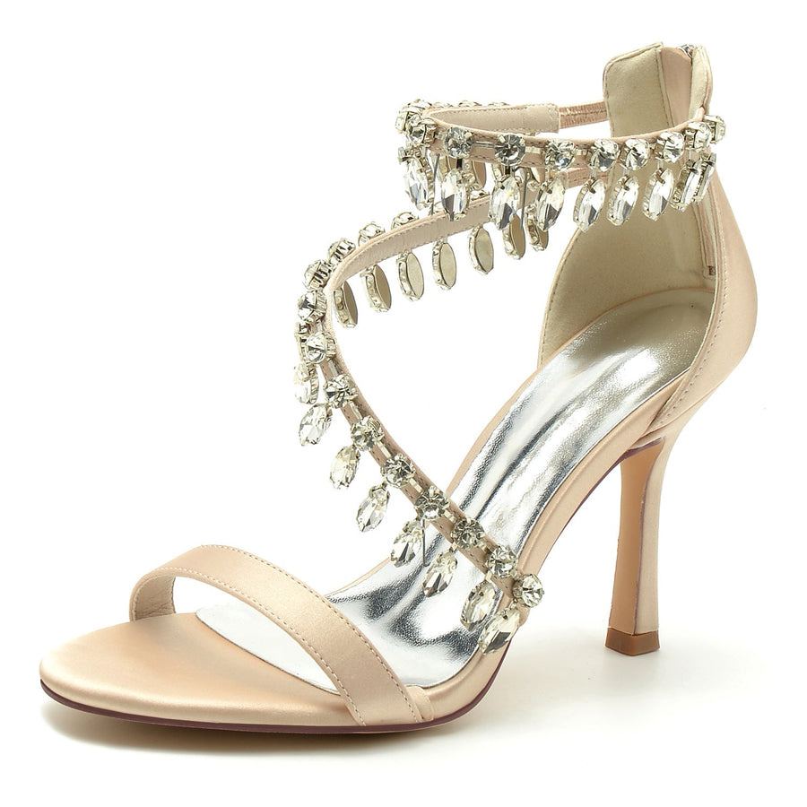 Damen Seidensatin mit Knöchelriemen Strass Quaste Peep Toe Stiletto Absatz Abendschuhe
