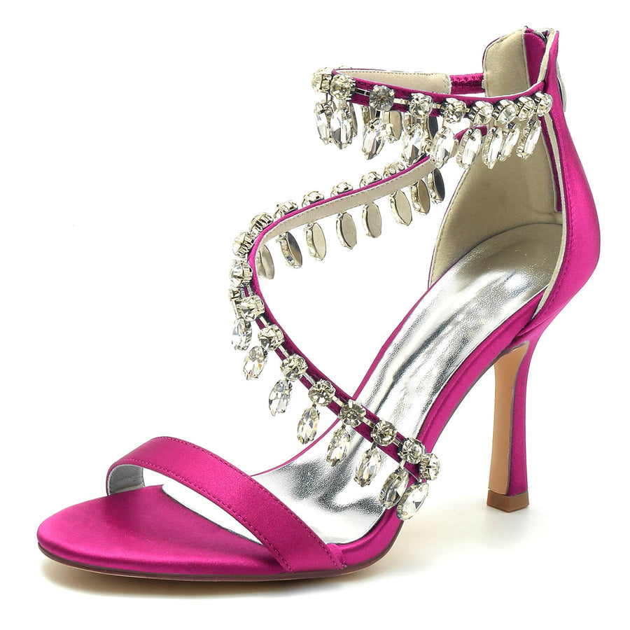 Damen Seidensatin mit Knöchelriemen Strass Quaste Peep Toe Stiletto Absatz Abendschuhe