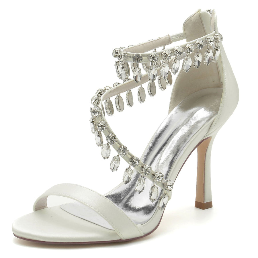 Damen Seidensatin mit Knöchelriemen Strass Quaste Peep Toe Stiletto Absatz Abendschuhe