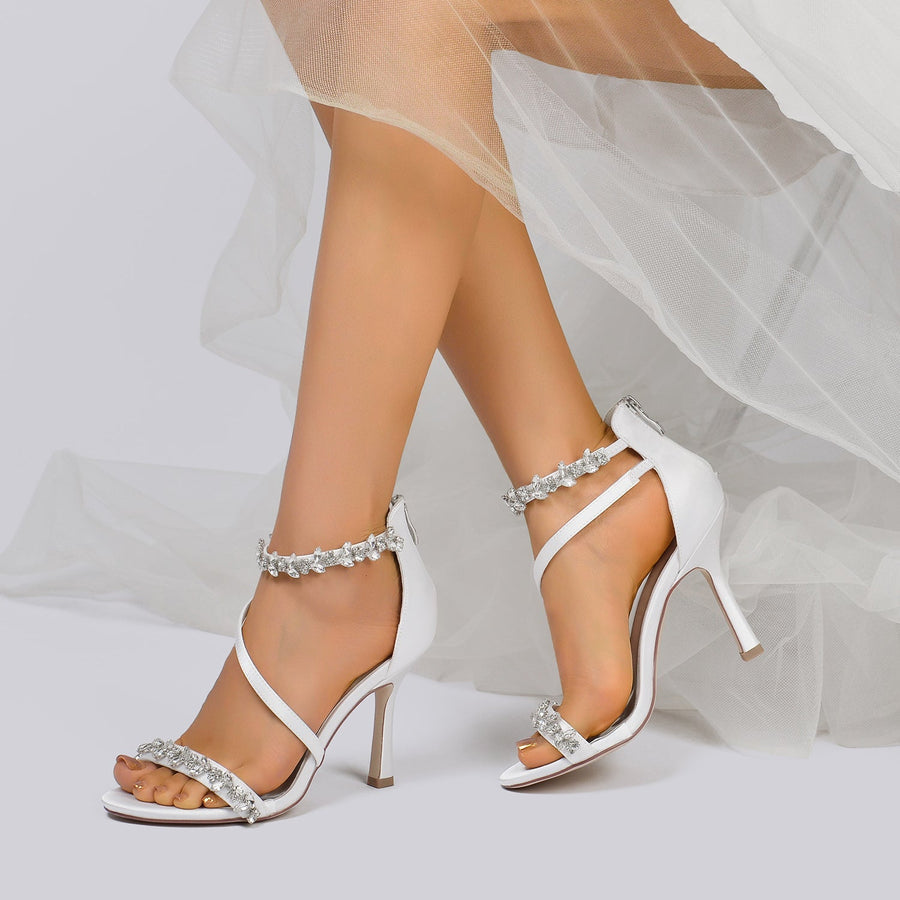Damen Seidensatin Mit Knöchelriemen Strass Peep Toe Stiletto Absatz Abendschuhe