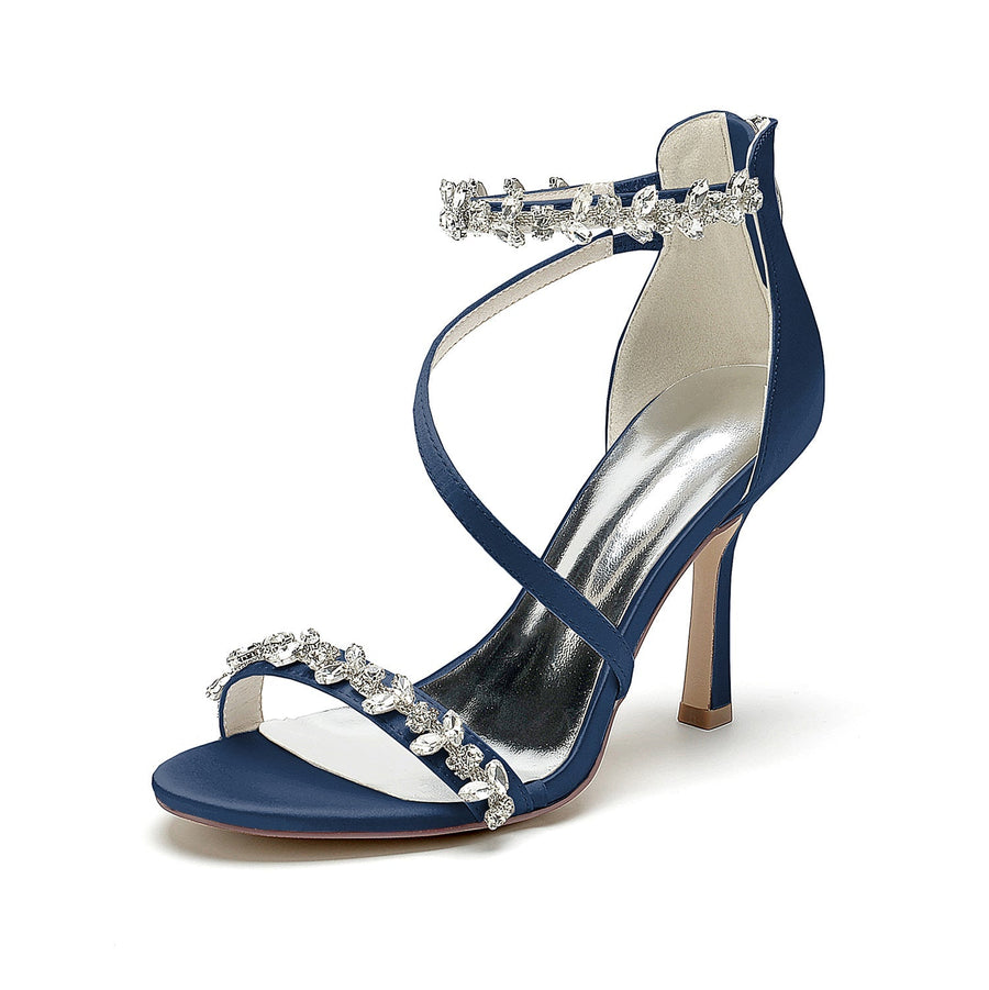 Damen Seidensatin Mit Knöchelriemen Strass Peep Toe Stiletto Absatz Abendschuhe