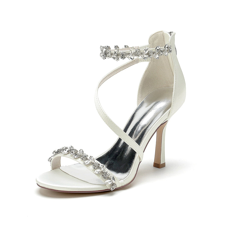 Damen Seidensatin Mit Knöchelriemen Strass Peep Toe Stiletto Absatz Abendschuhe