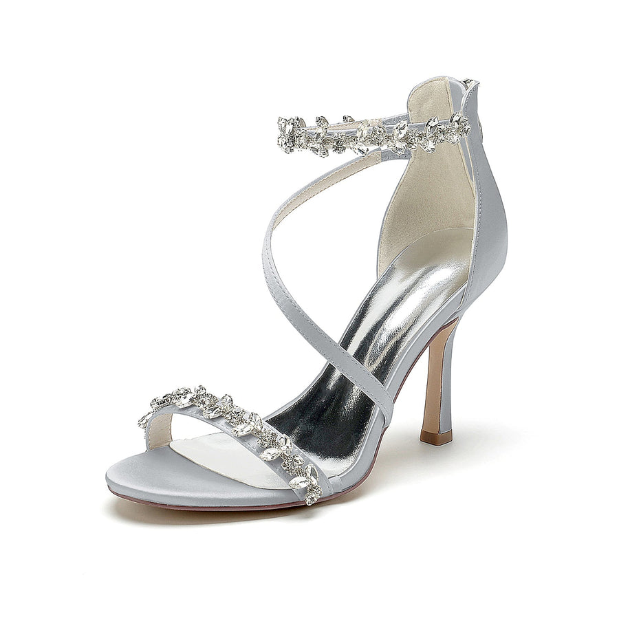 Damen Seidensatin Mit Knöchelriemen Strass Peep Toe Stiletto Absatz Abendschuhe