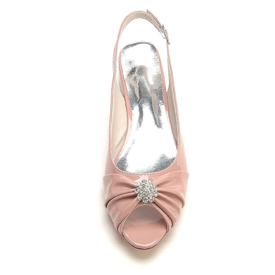 Damen Lackleder Spiegel Finish Mit Blume Strass Peep Toe Flache Ferse Abendschuhe