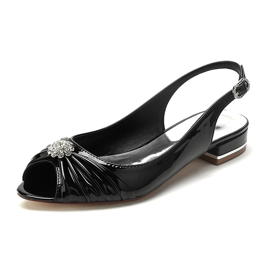 Damen Lackleder Spiegel Finish Mit Blume Strass Peep Toe Flache Ferse Abendschuhe