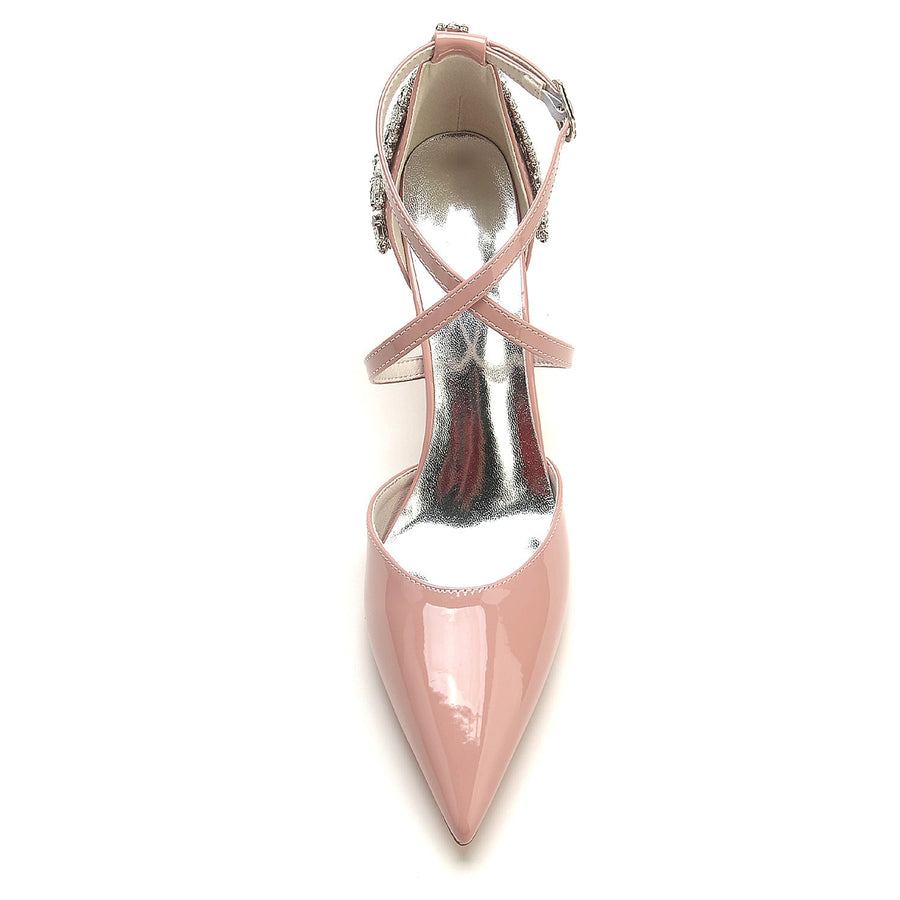 Damen Lackleder Spiegel Finish Knöchelriemen Strass Geschlossene Zehen Stiletto Absatz Brautschuhe