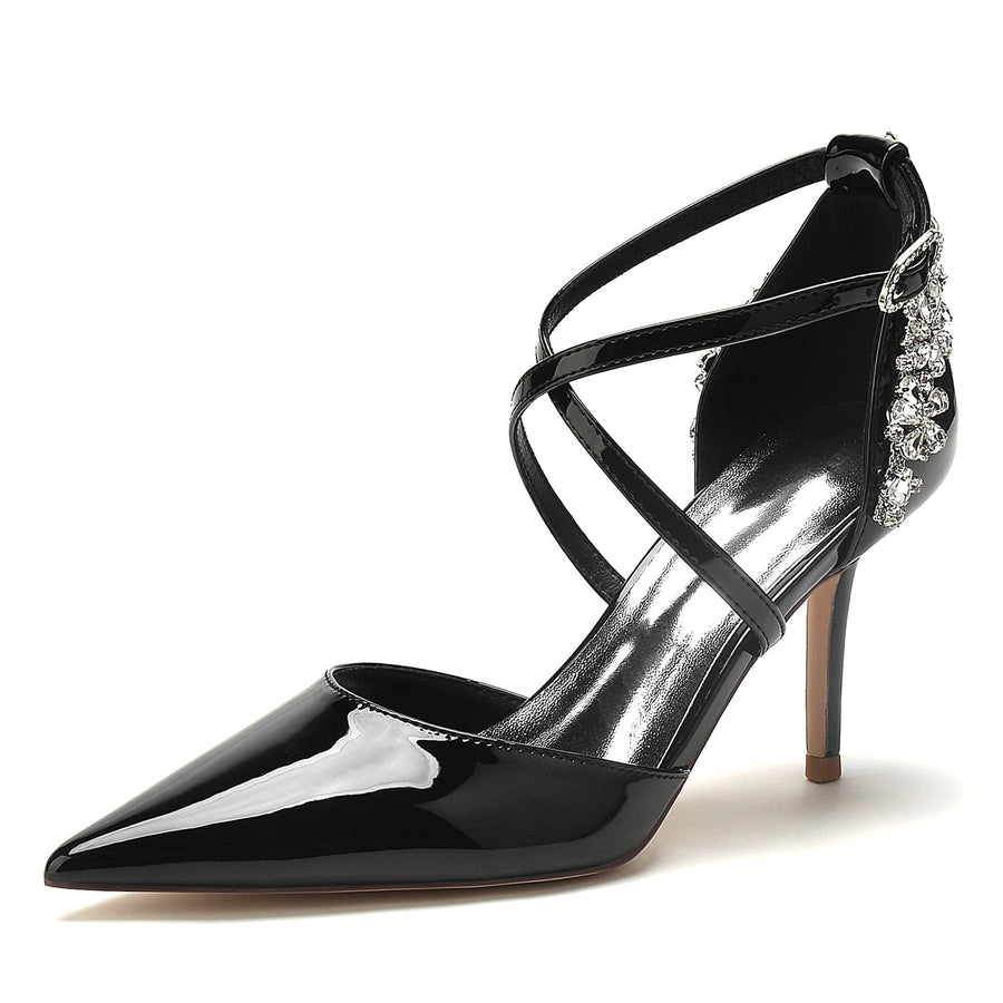 Damen Lackleder Spiegel Finish Knöchelriemen Strass Geschlossene Zehen Stiletto Absatz Brautschuhe