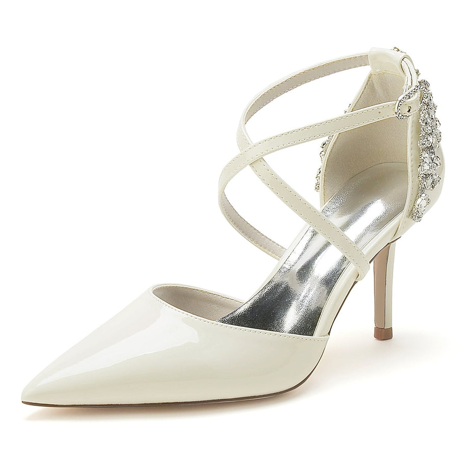 Damen Lackleder Spiegel Finish Knöchelriemen Strass Geschlossene Zehen Stiletto Absatz Brautschuhe