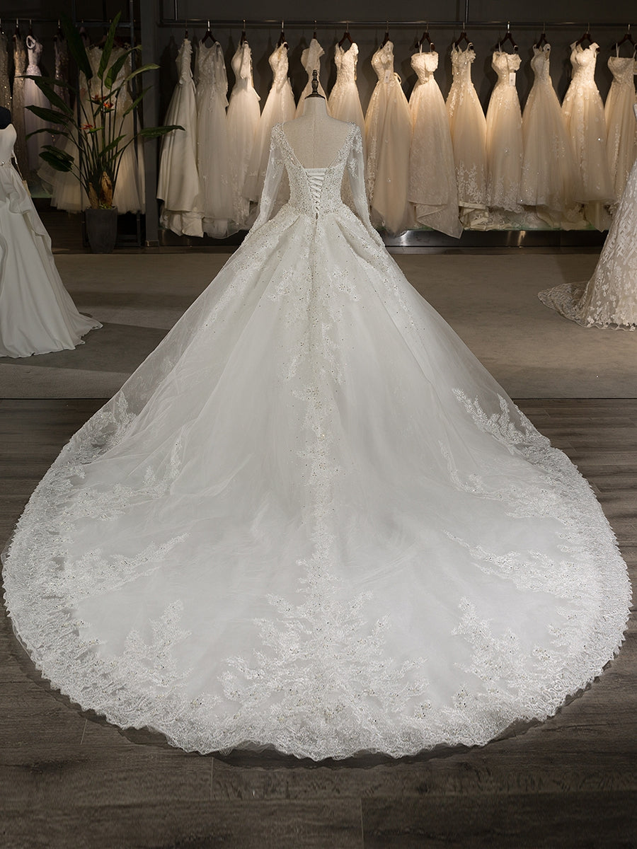 U-Ausschnitt Lange Ärmel Tüll-Applikation mit Perlen Kapellenschleppe Ballkleid-Hochzeitskleider