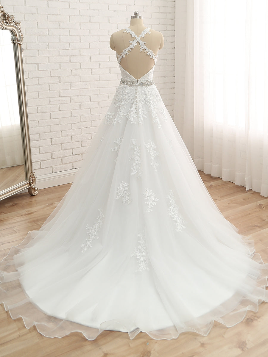 A-Linie/Princess-Linie Spaghettiträger Ärmellos Applikation mit Gürtel Bodenlanges Brautkleid aus Tüll