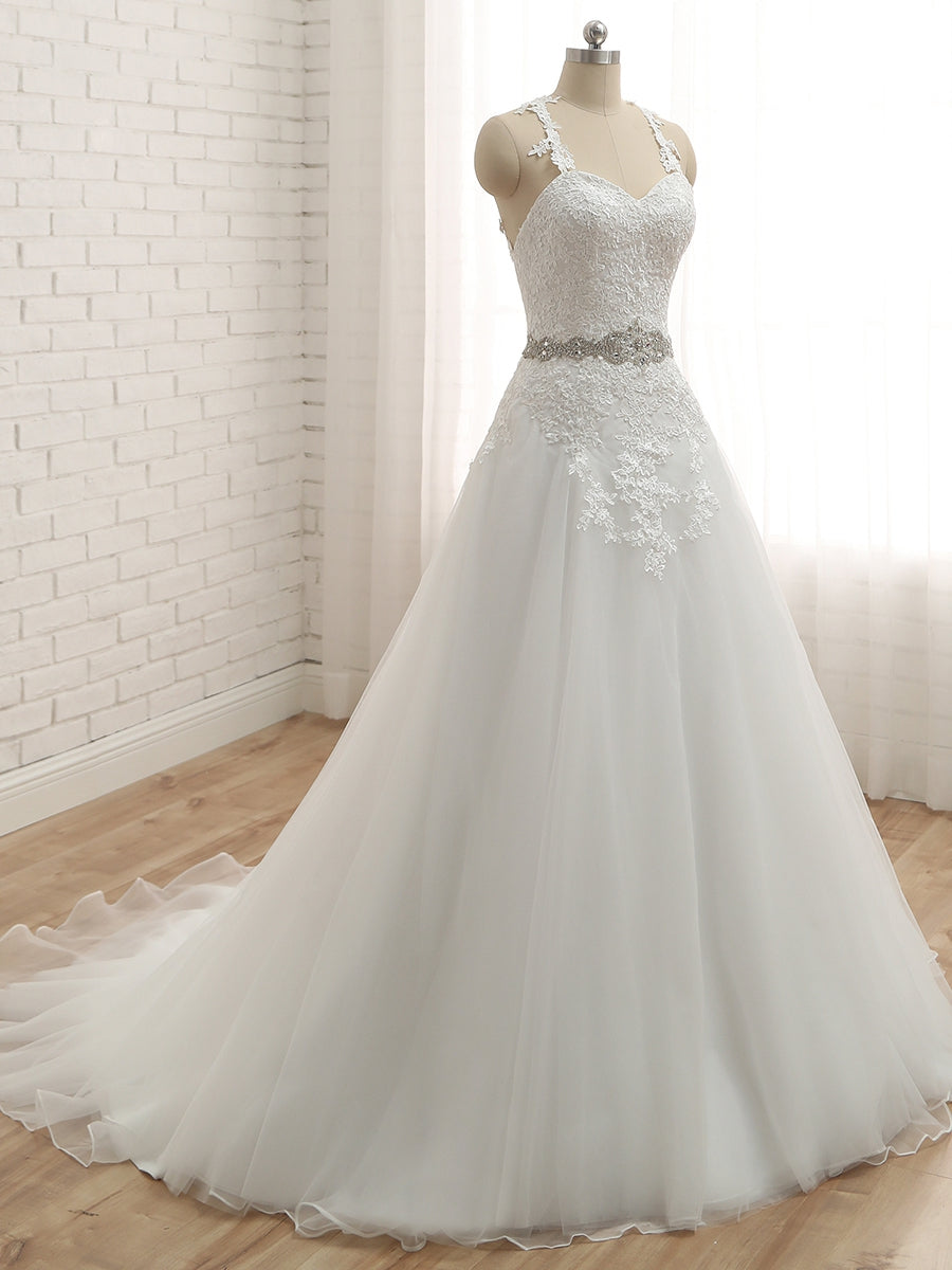 A-Linie/Princess-Linie Spaghettiträger Ärmellos Applikation mit Gürtel Bodenlanges Brautkleid aus Tüll