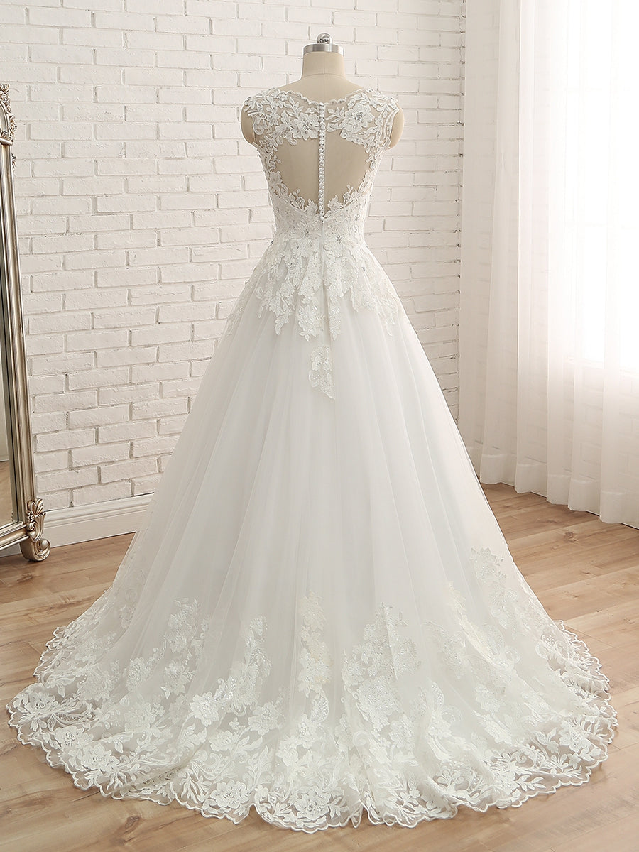 A-Linie/Princess-Linie V-Ausschnitt Ärmellos Bodenlanges Brautkleid aus Tüll mit Applikationen