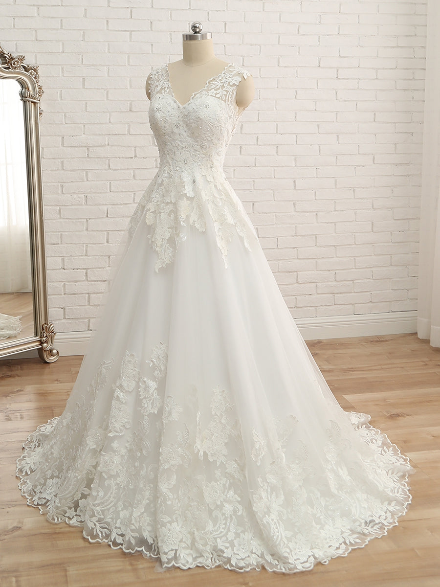 A-Linie/Princess-Linie V-Ausschnitt Ärmellos Bodenlanges Brautkleid aus Tüll mit Applikationen