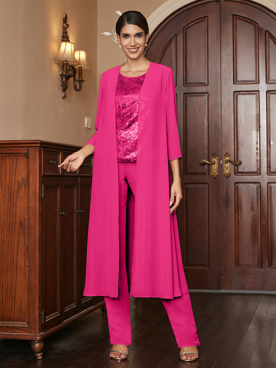 Chiffon Rundhalsausschnitt 3/4 Ärmel 3 Stück Hosenanzüge mit Pailletten & Jacke