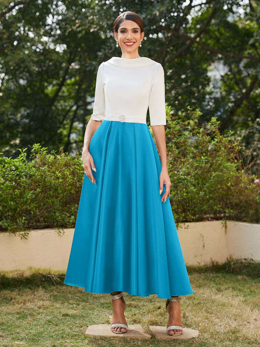 A-Linie/Prinzessin Hoher Halsausschnitt Halbärmel Lange Abendkleider mit Strasssteinen