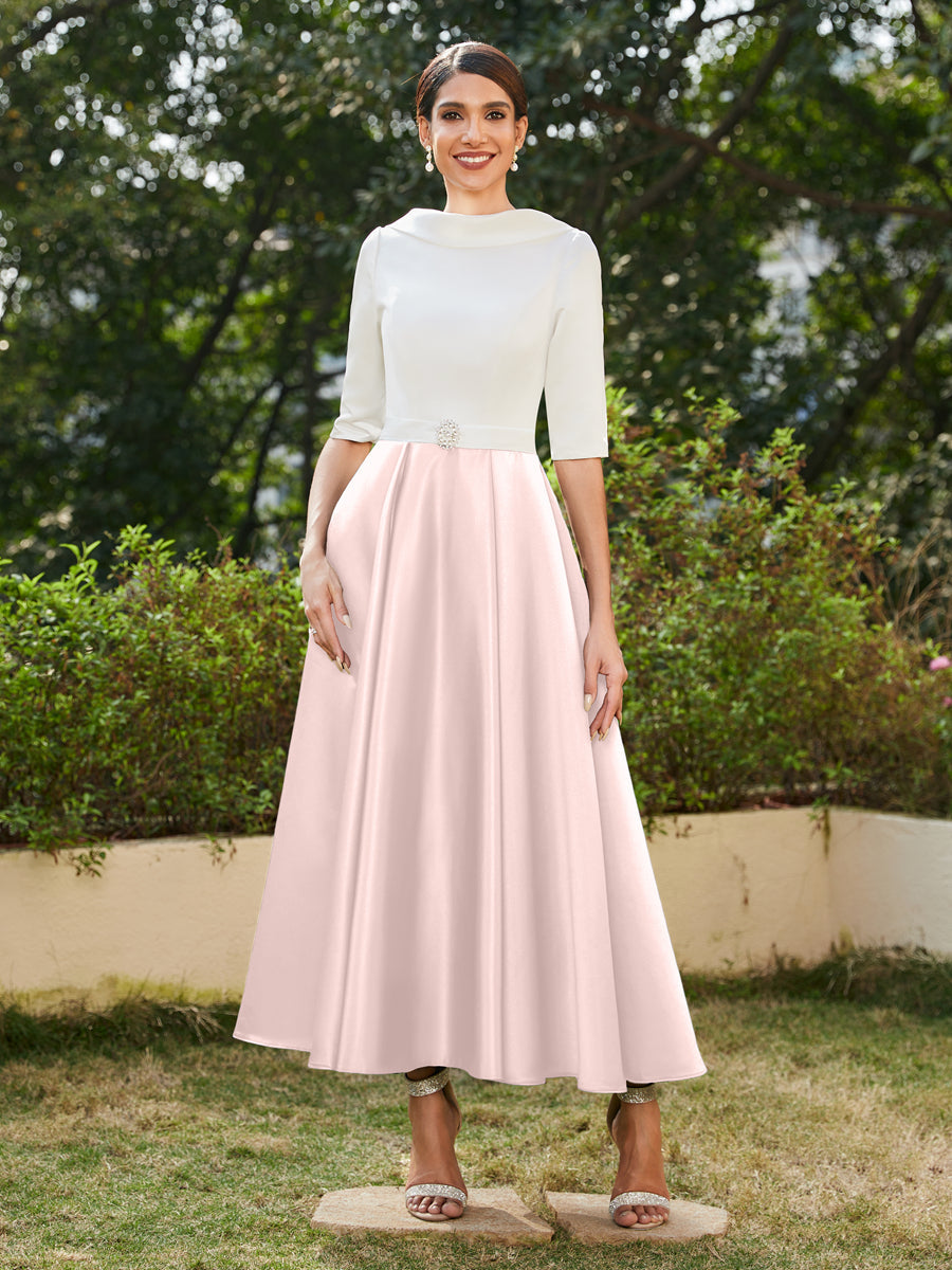 A-Linie/Prinzessin Hoher Halsausschnitt Halbärmel Lange Abendkleider mit Strasssteinen