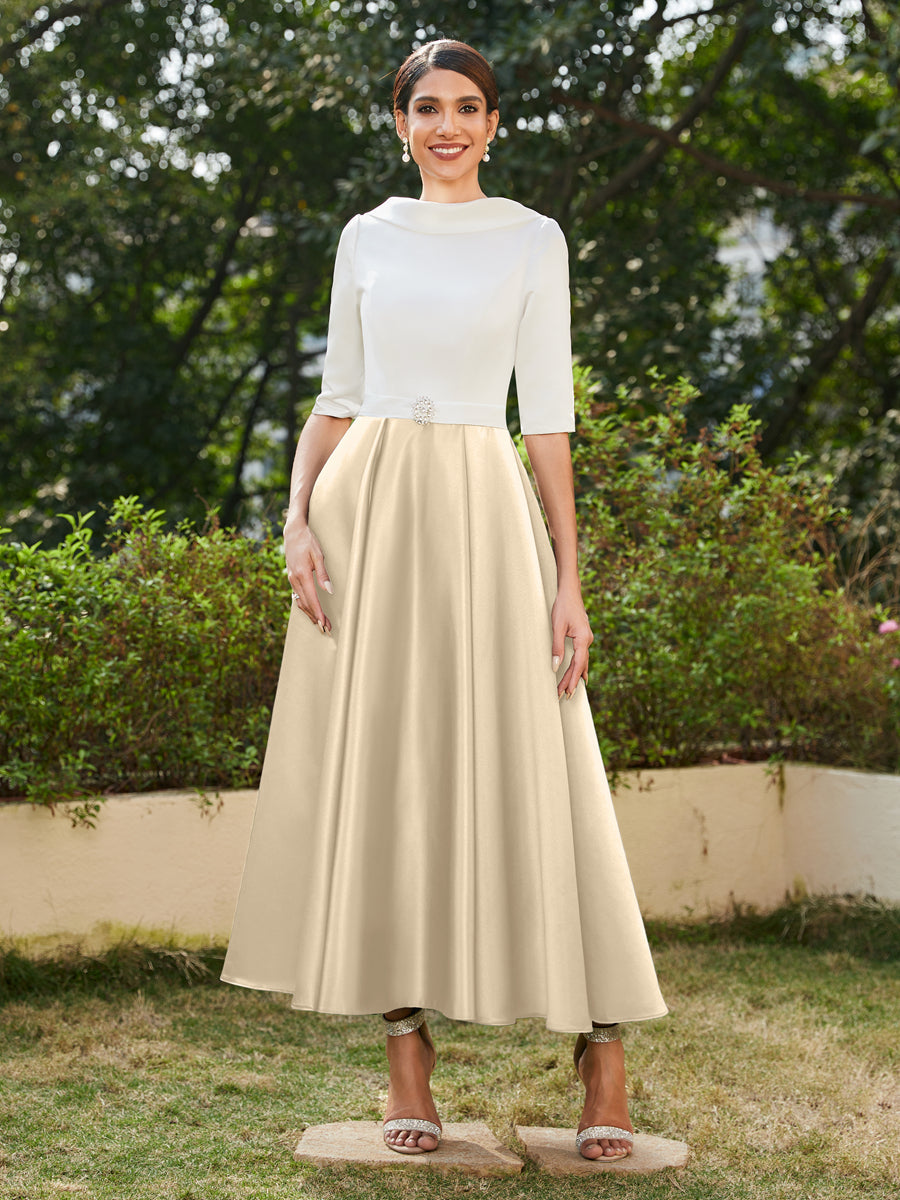 A-Linie/Prinzessin Hoher Halsausschnitt Halbärmel Lange Abendkleider mit Strasssteinen