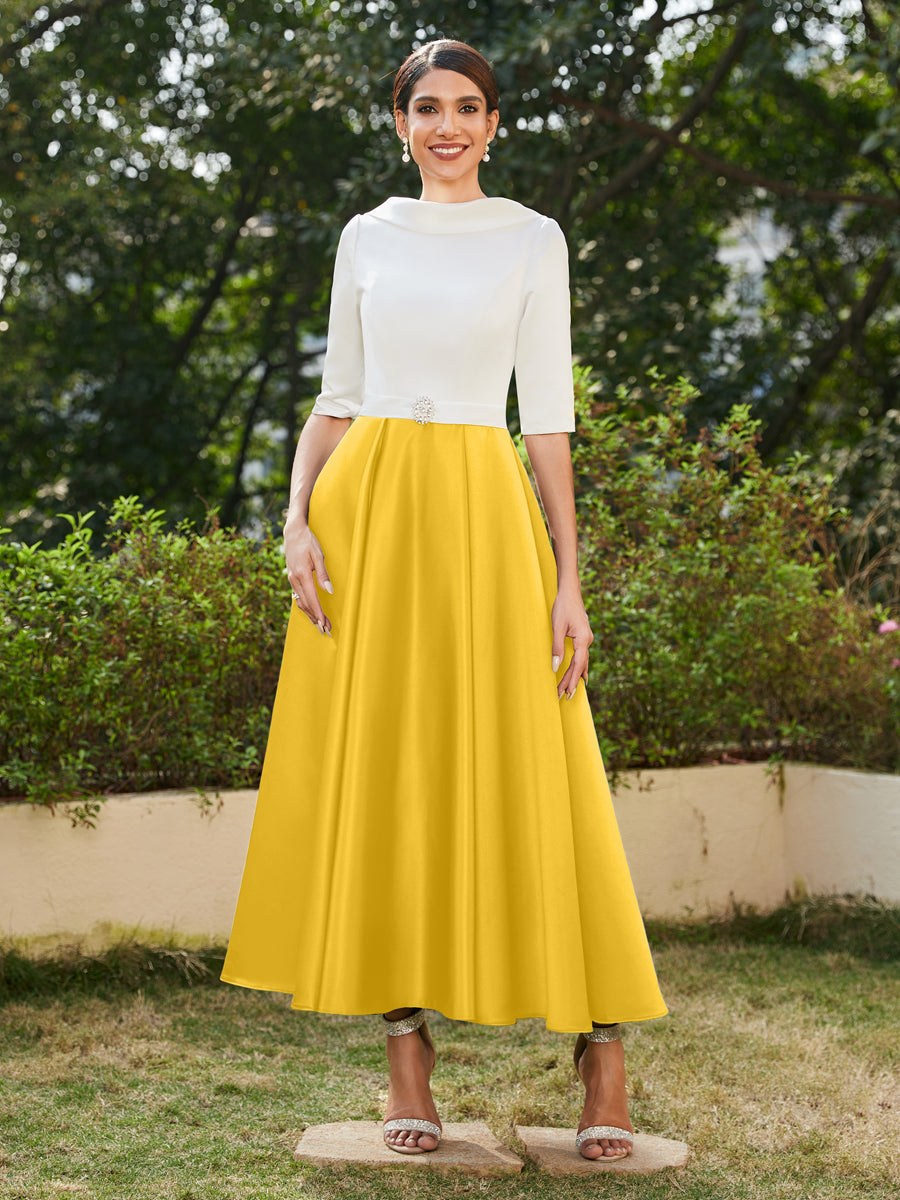 A-Linie/Prinzessin Hoher Halsausschnitt Halbärmel Lange Abendkleider mit Strasssteinen