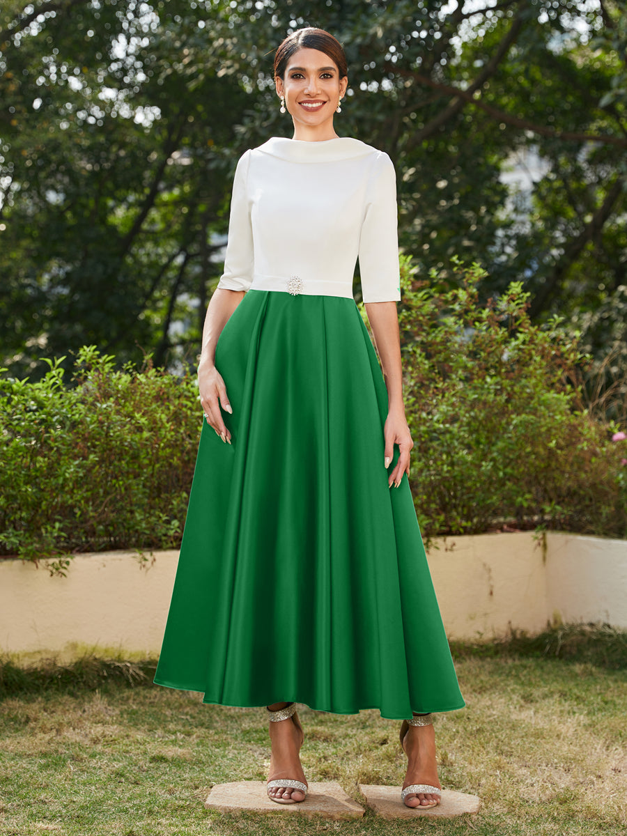 A-Linie/Prinzessin Hoher Halsausschnitt Halbärmel Lange Abendkleider mit Strasssteinen