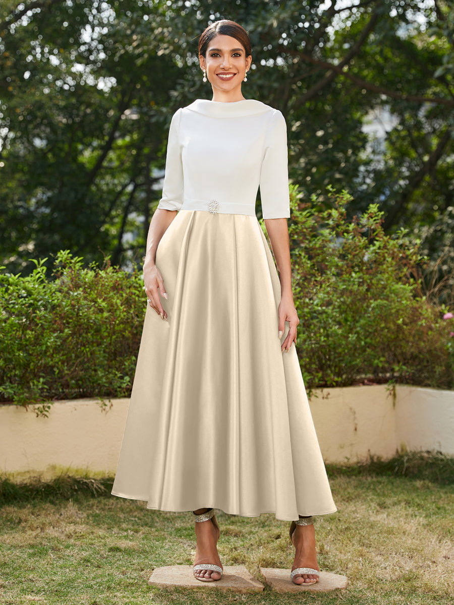 A-Linie/Prinzessin Hoher Halsausschnitt Halbärmel Lange Abendkleider mit Strasssteinen