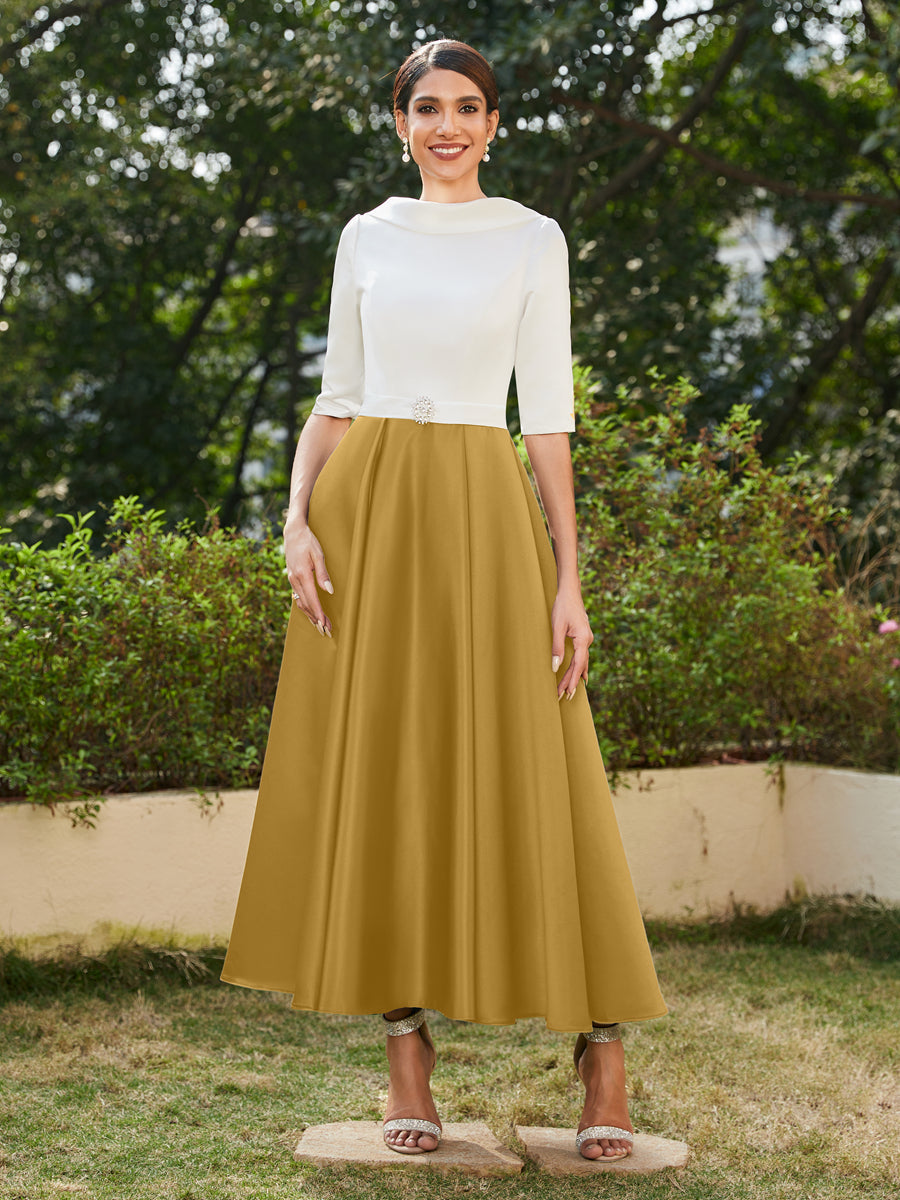 A-Linie/Prinzessin Hoher Halsausschnitt Halbärmel Lange Abendkleider mit Strasssteinen