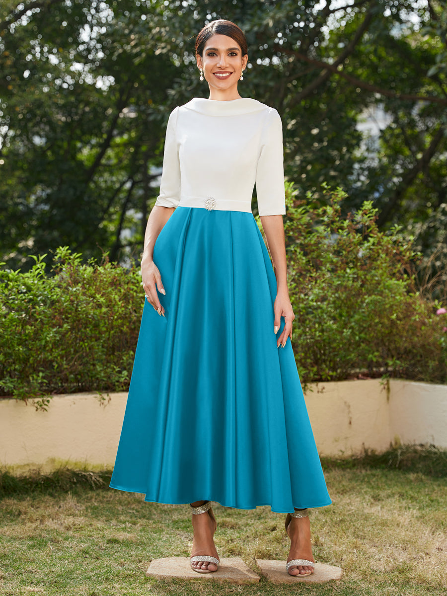 A-Linie/Prinzessin Hoher Halsausschnitt Halbärmel Lange Abendkleider mit Strasssteinen