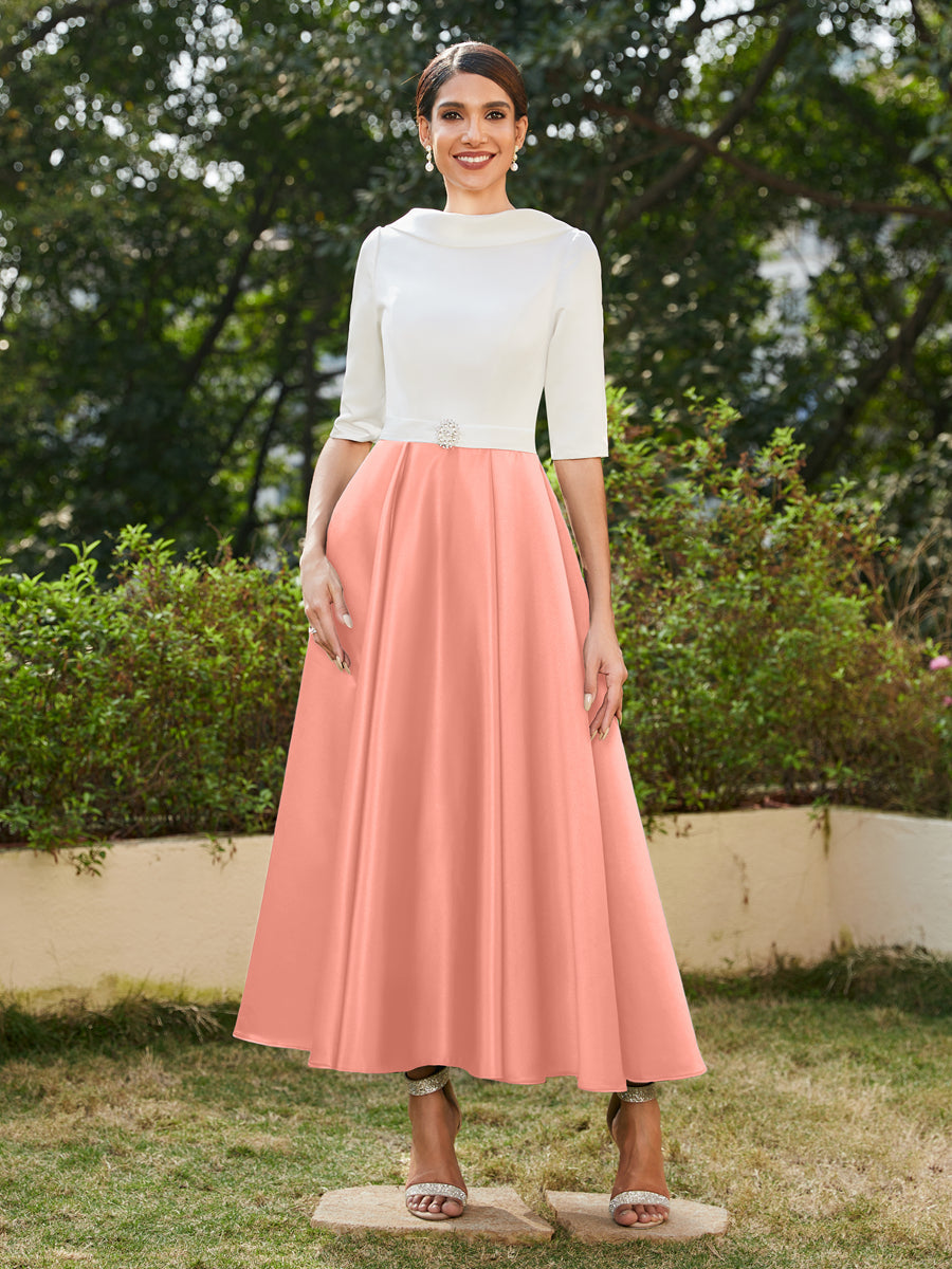 A-Linie/Prinzessin Hoher Halsausschnitt Halbärmel Lange Abendkleider mit Strasssteinen