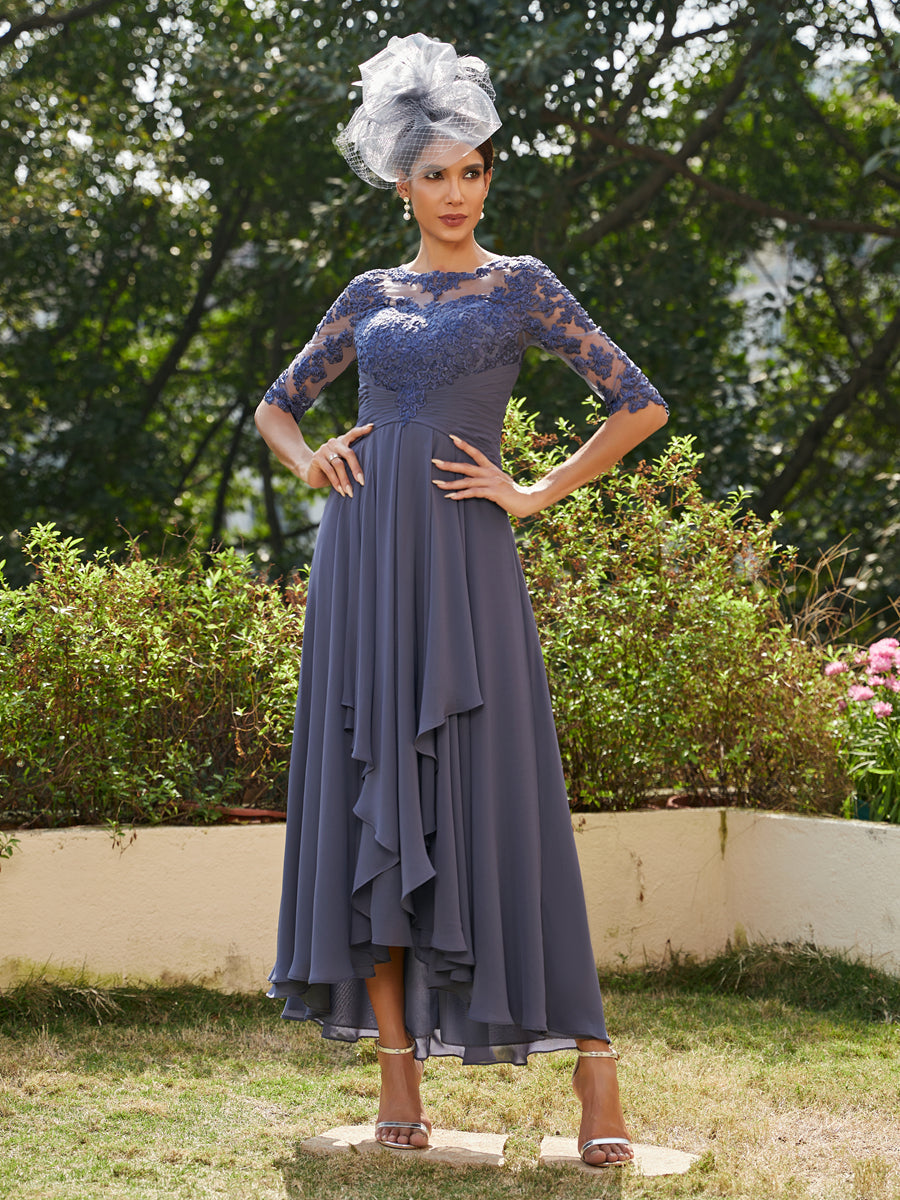 A-Linie/Prinzessin Durchsichtiger Ausschnitt Halbärmel Lange Abendkleider mit Applikationen