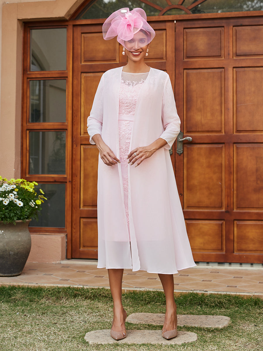 Etui/Säule Durchsichtiger Ausschnitt 3/4 Ärmel Knielange Abendkleider mit Applikationen & Jacke