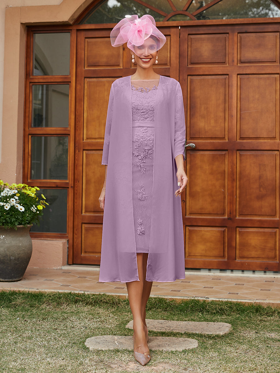 Etui/Säule Durchsichtiger Ausschnitt 3/4 Ärmel Knielange Abendkleider mit Applikationen & Jacke