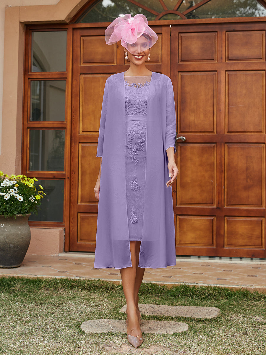 Etui/Säule Durchsichtiger Ausschnitt 3/4 Ärmel Knielange Abendkleider mit Applikationen & Jacke