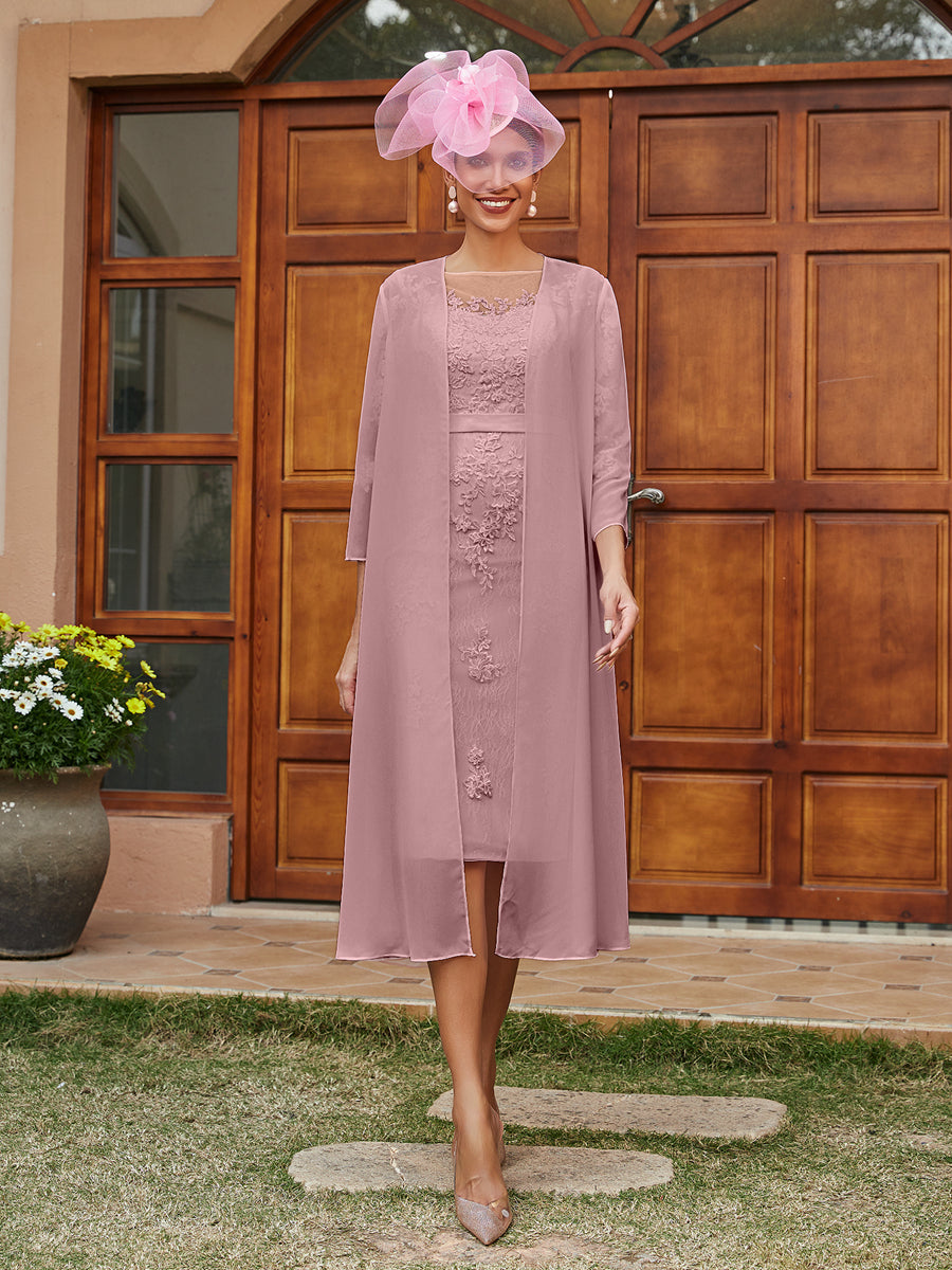 Etui/Säule Durchsichtiger Ausschnitt 3/4 Ärmel Knielange Abendkleider mit Applikationen & Jacke