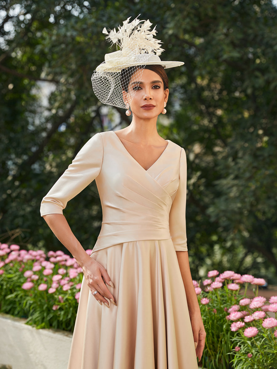 A-Linie/Prinzessin V-Ausschnitt Halbärmel Knöchellange Lange Abendkleider mit Rüschen