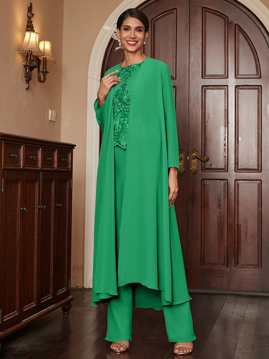 Chiffon Rundhalsausschnitt Langarm 3 Stück Hosenanzüge mit Applikationen & Jacke