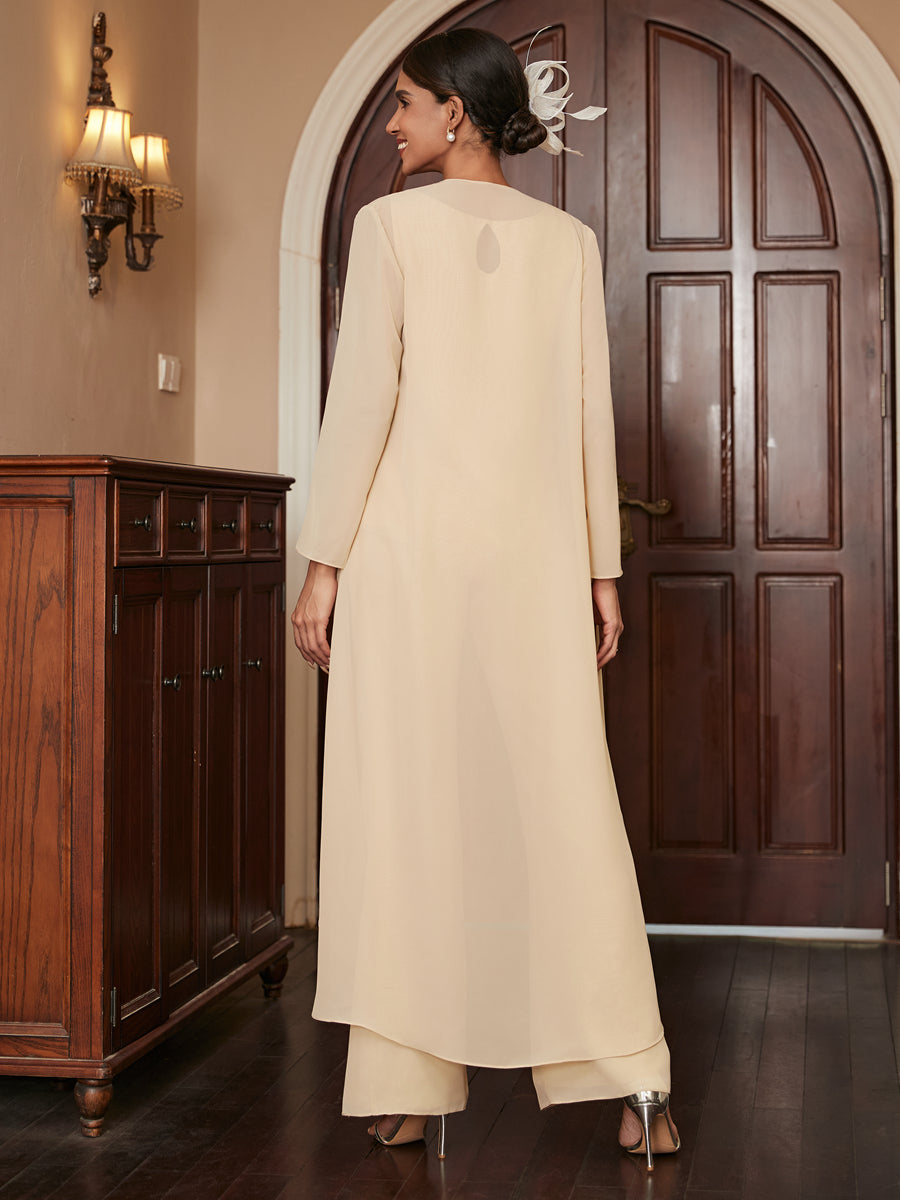 Chiffon Rundhalsausschnitt Langarm 3 Stück Hosenanzüge mit Jacke