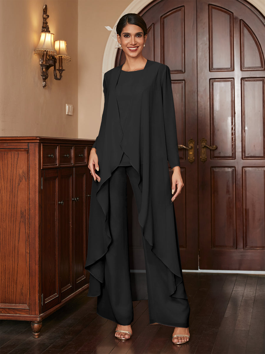 Chiffon Rundhalsausschnitt Langarm 3 Stück Hosenanzüge mit Jacke