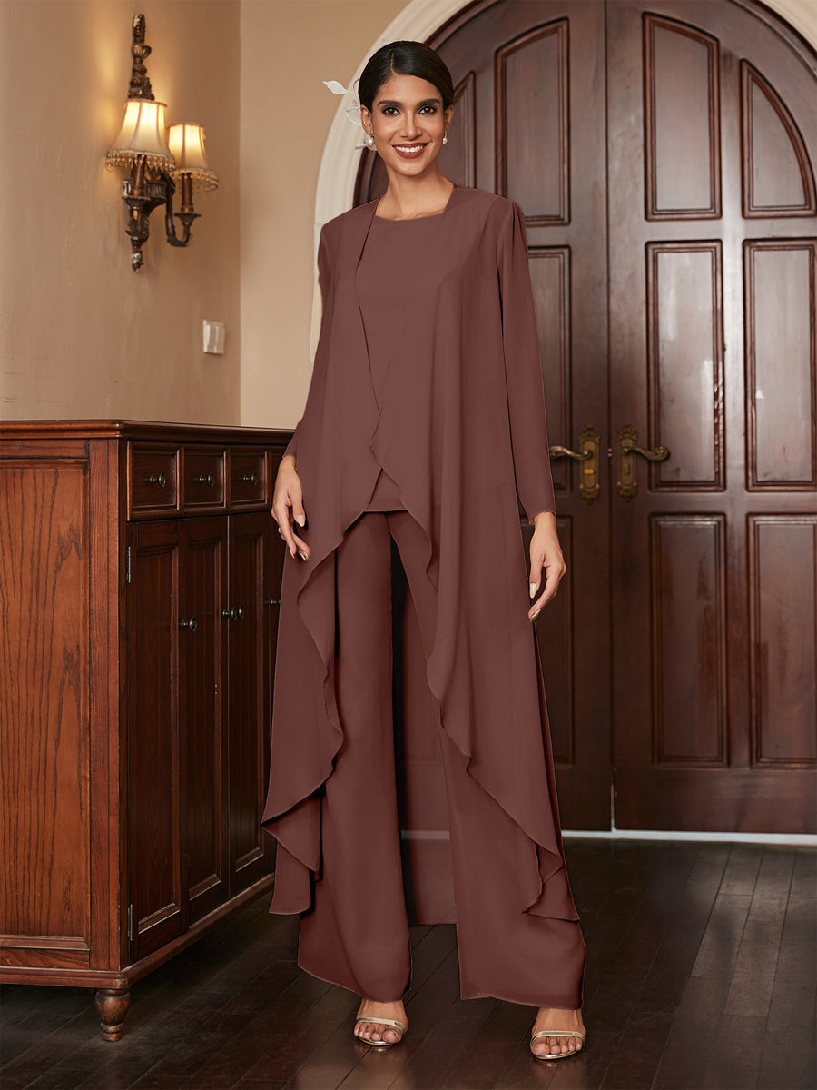 Chiffon Rundhalsausschnitt Langarm 3 Stück Hosenanzüge mit Jacke