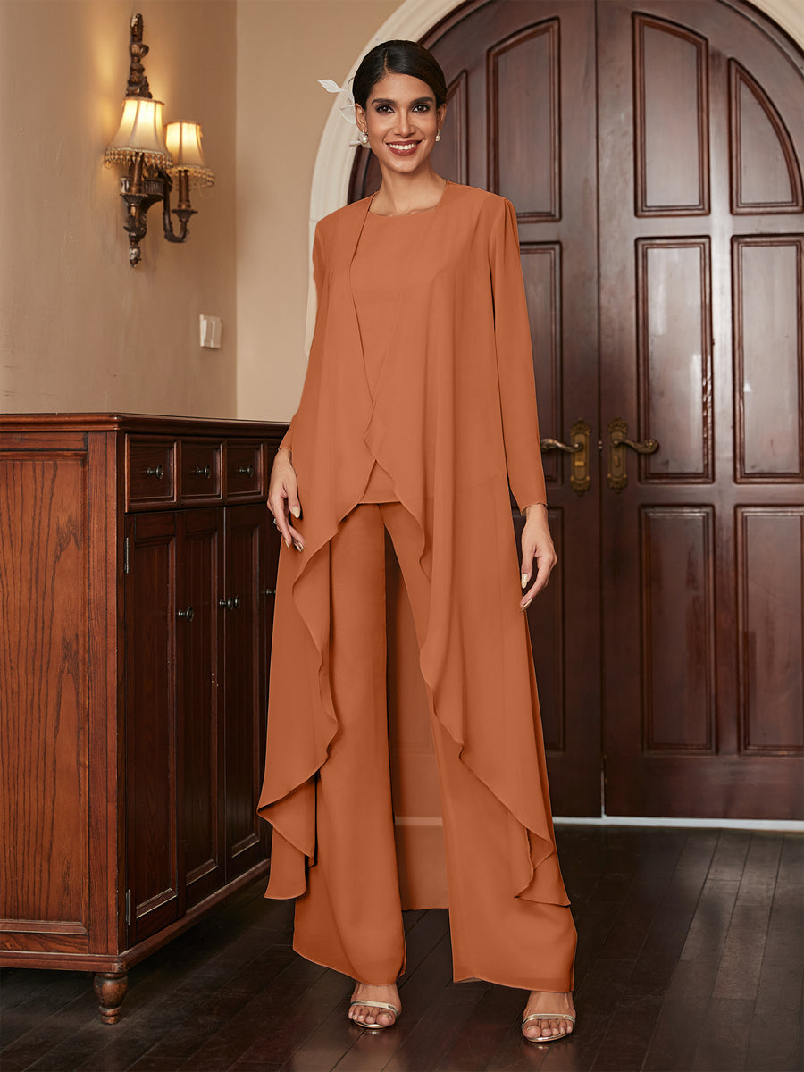 Chiffon Rundhalsausschnitt Langarm 3 Stück Hosenanzüge mit Jacke