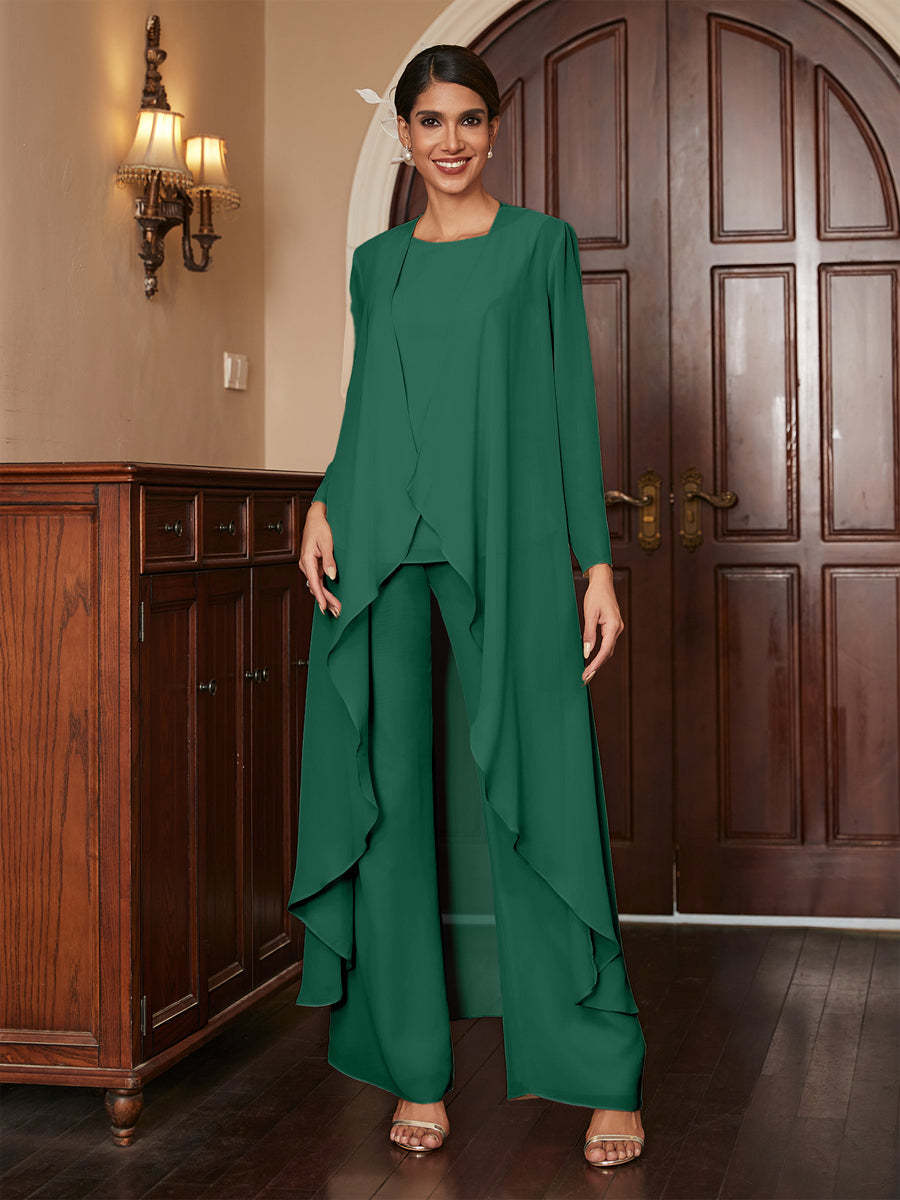 Chiffon Rundhalsausschnitt Langarm 3 Stück Hosenanzüge mit Jacke