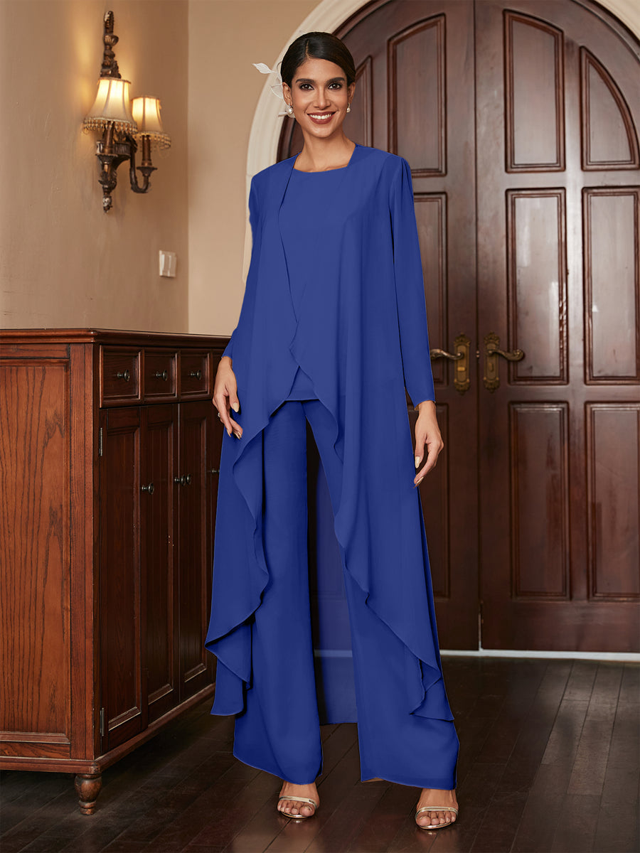 Chiffon Rundhalsausschnitt Langarm 3 Stück Hosenanzüge mit Jacke