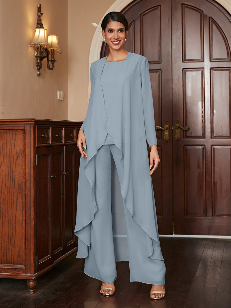 Chiffon Rundhalsausschnitt Langarm 3 Stück Hosenanzüge mit Jacke