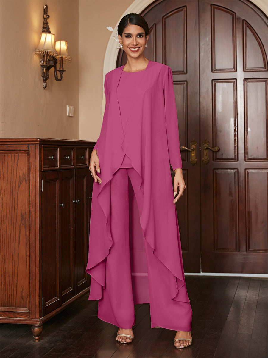 Chiffon Rundhalsausschnitt Langarm 3 Stück Hosenanzüge mit Jacke