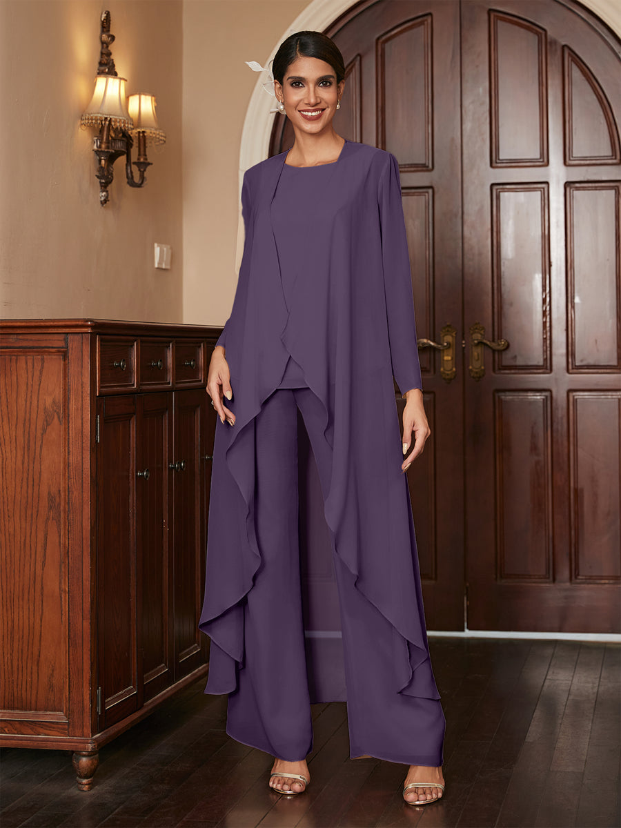 Chiffon Rundhalsausschnitt Langarm 3 Stück Hosenanzüge mit Jacke