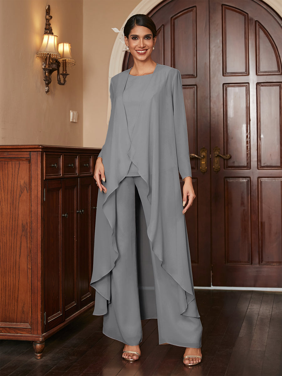 Chiffon Rundhalsausschnitt Langarm 3 Stück Hosenanzüge mit Jacke