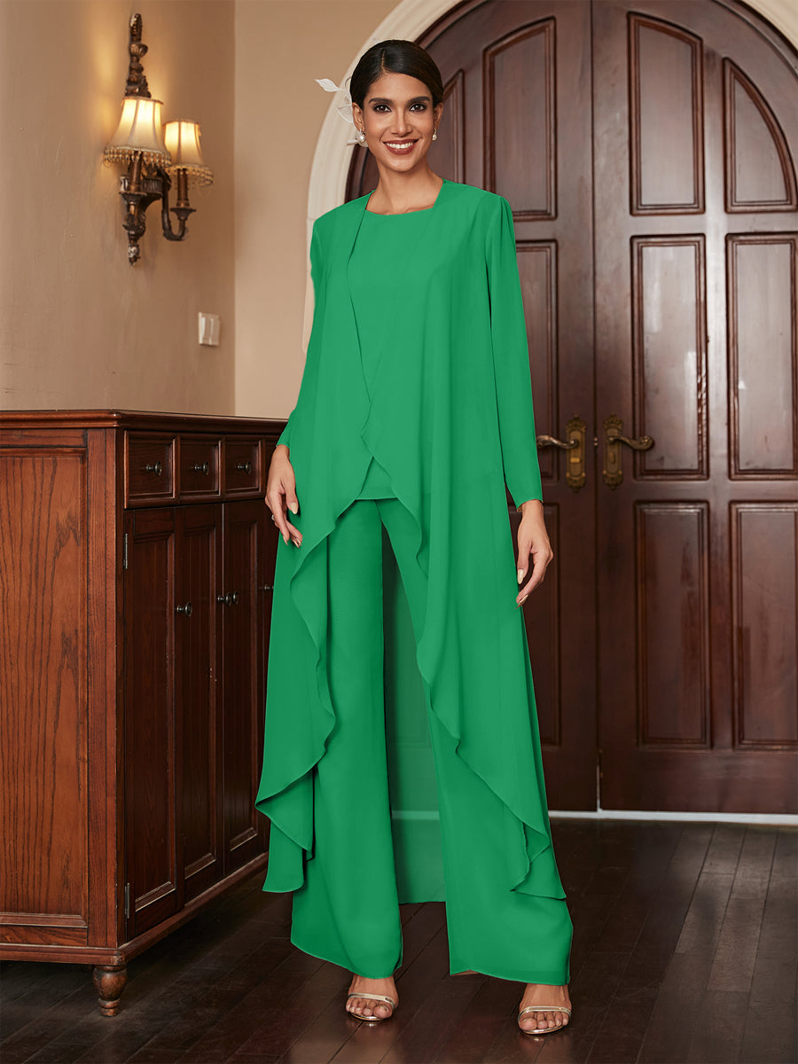 Chiffon Rundhalsausschnitt Langarm 3 Stück Hosenanzüge mit Jacke