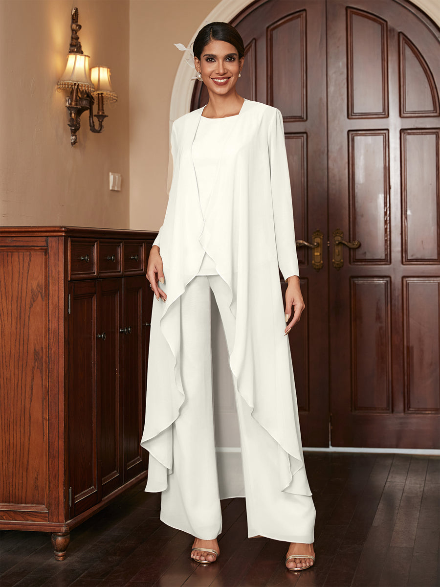 Chiffon Rundhalsausschnitt Langarm 3 Stück Hosenanzüge mit Jacke